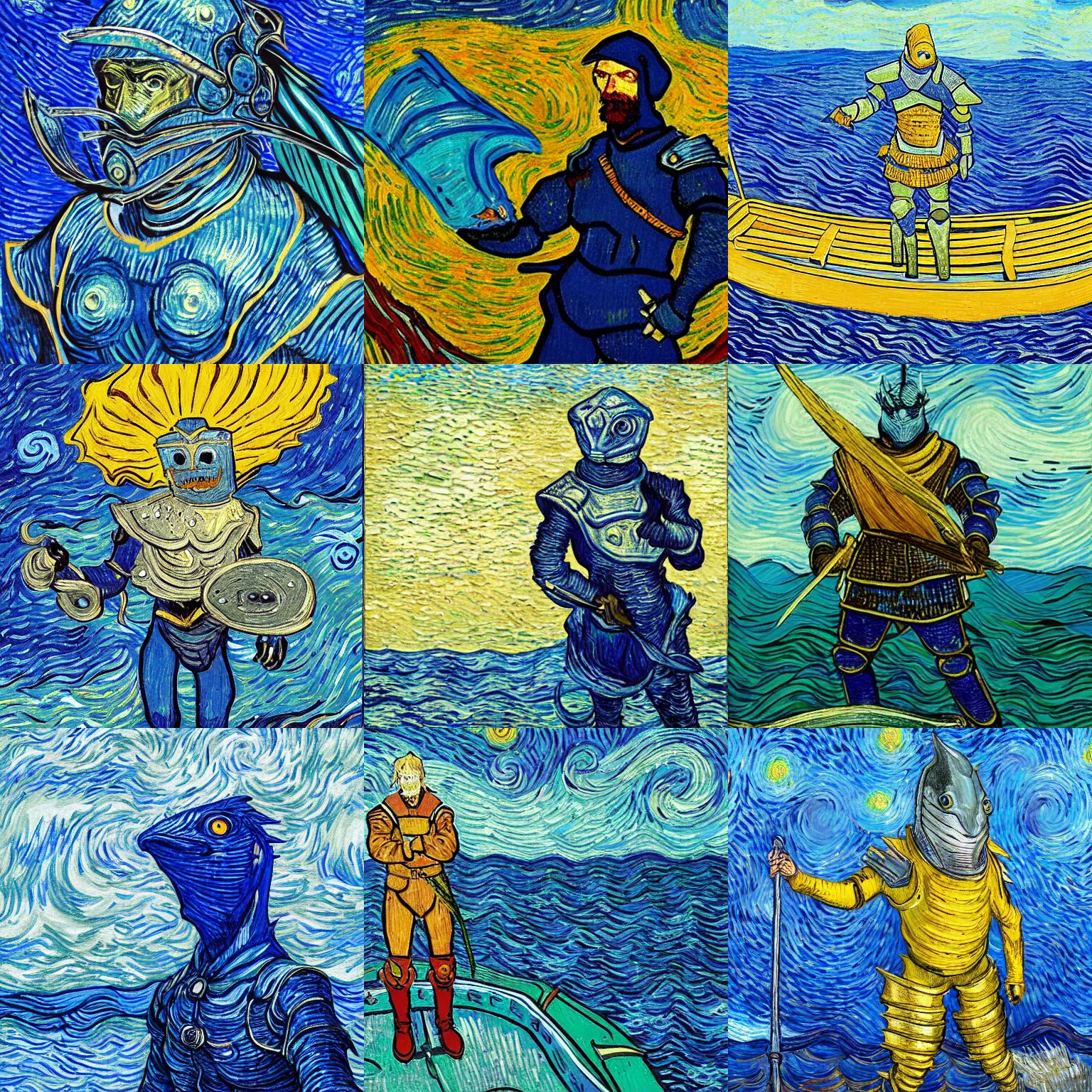 Prompt: Blue fish person wearing smoldering plate armor standing on a boat with an expansive ocean, in the style of Van Gogh, extremely detailed, award-winning digital art, Dungeons and Dragons, Wizards of the Coast