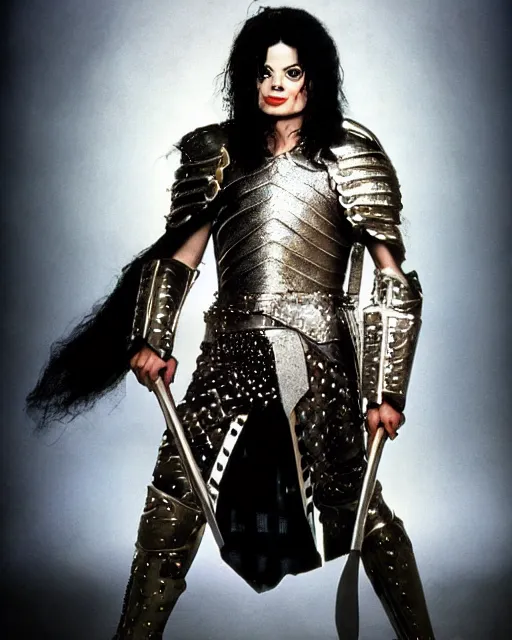 Image similar to michael jackson as king conan, directed by john millius, photorealistic, sitting on a metal throne, wearing ancient cimmerian armor, a battle axe to his side, he has a beard and graying hair, cinematic photoshoot in the style of annie leibovitz, studio lighting