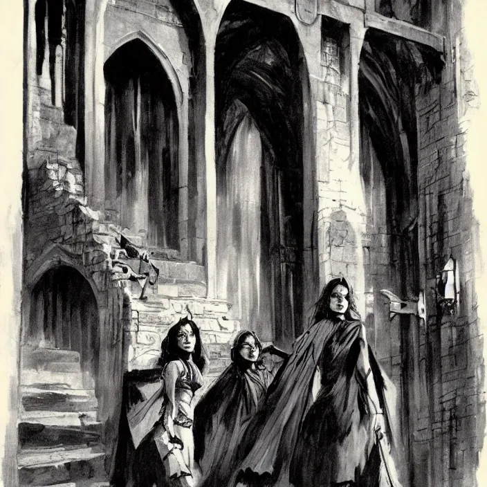 Prompt: female aurors at entrance of hogwarts by frank frazetta