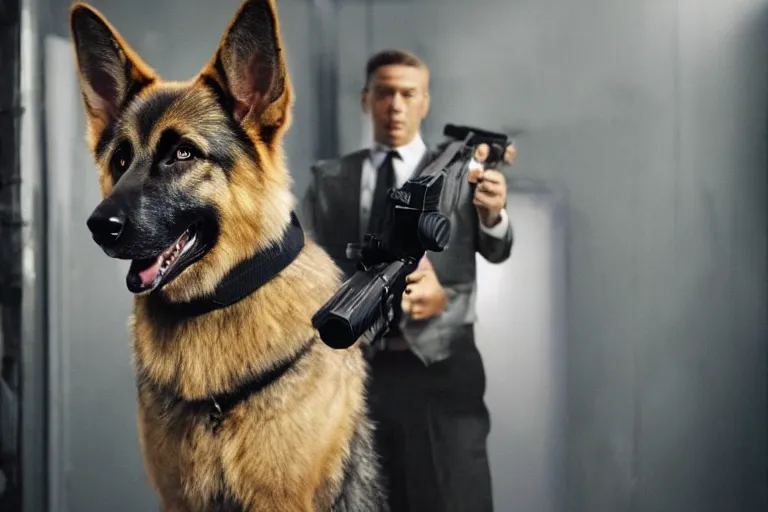 Prompt: film still of furry anthro anthropomorphic german shepard head animal person fursona wearing clothes a suit and tie standing holding a gun in a garage in an action movie 2020, 4k