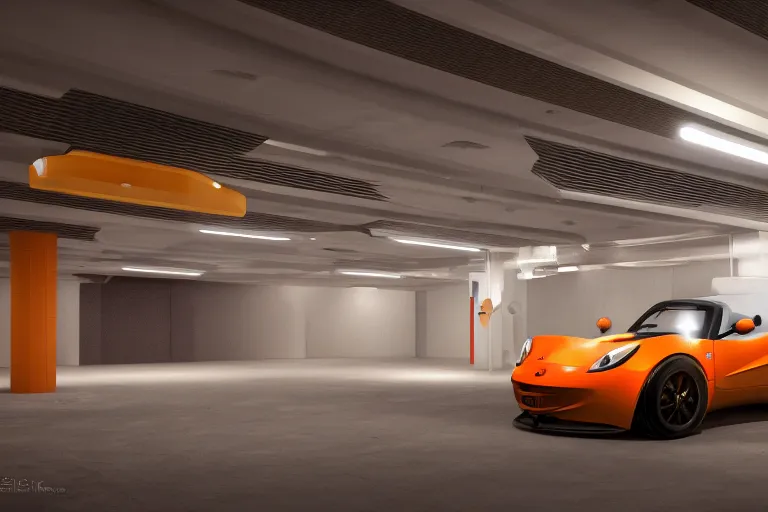 Image similar to highly detailed underground parking garage showcasing one only one single lone sparkly orange Lotus Elise, fluorescent ceiling lights, by Beeple and Syd Meade, concept art, octane render, 8k HDR, artstation