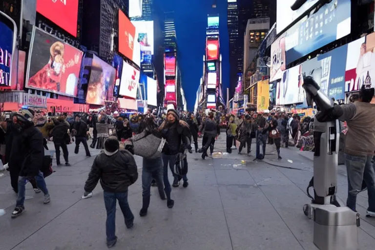 Image similar to robots attacking people in times square security camera footage