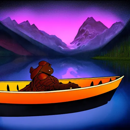 Image similar to balrog on a boat in beautiful mountain lake at night still water aesthetic purple clouds