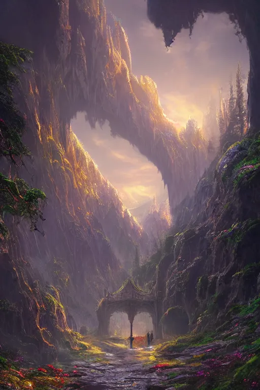 Prompt: A beautiful hyper realistic detailed matte painting of an intricate steel and gold gateway over a pathway through a colorful forest, dramatic sky, dramatic mountains in background, dramatic lighting, dynamic lighting, cinematic lighting, vivid, by Raphael Lacoste and John Howe and Andreas Rocha, unreal engine, featured on artstation