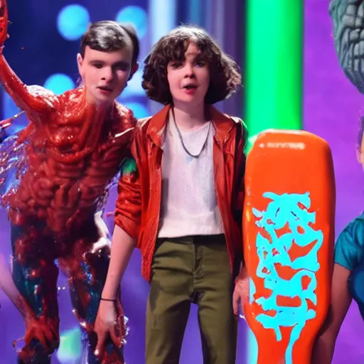 Image similar to stranger things demogorgon getting slimed at the kids choice awards