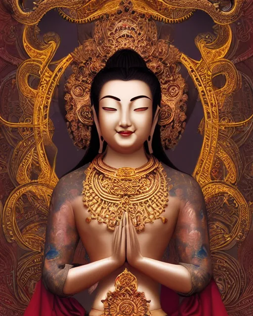 Prompt: portrait of a smiling bodhisattva, praying meditating, elegant, intricate, cinematic, ornate, by artgerm