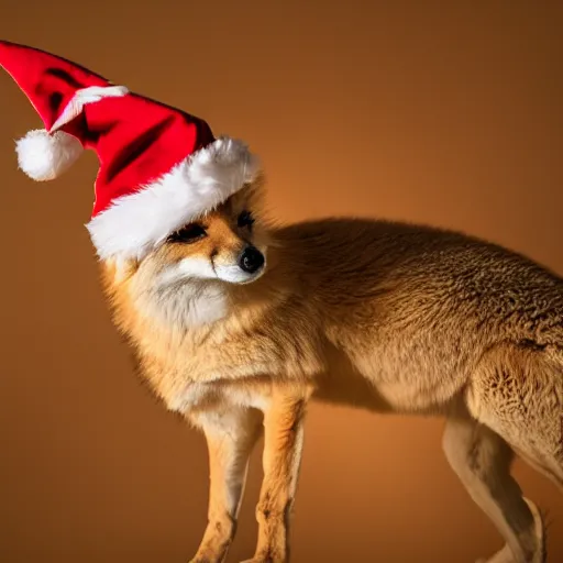 Image similar to a close up, studio colour photograph of a fennec fox wearing a santa hat, dramatic backlighting at golden hour, 4k