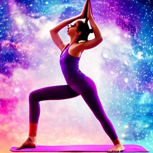 Image similar to emma watson as yoga instructor in space, trending high quality art station, cinematic shot, magical colors and atmosphere, perfect composition, coherent, 8 k