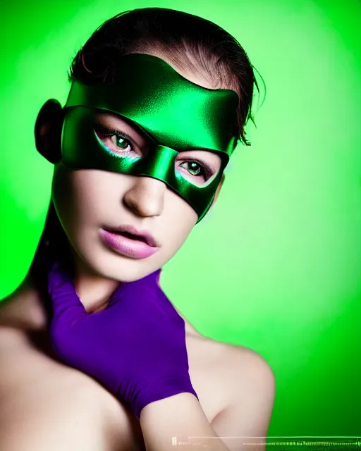 Image similar to a beautiful girl with purple skin wearing the uniform of a Green Lantern, photorealistic, studio lighting, shot in the style of Mario Testino.