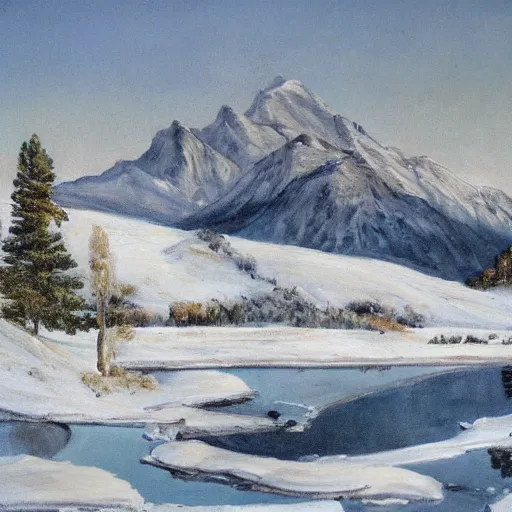 Prompt: This painting shows a winter scene in a mountainous area. The snow is thickly piled against the trees, which are reflected in the surface of the frozen lake. The mountain peak is in the distance, and the sky is painted in a swirling pattern of grey and white clouds