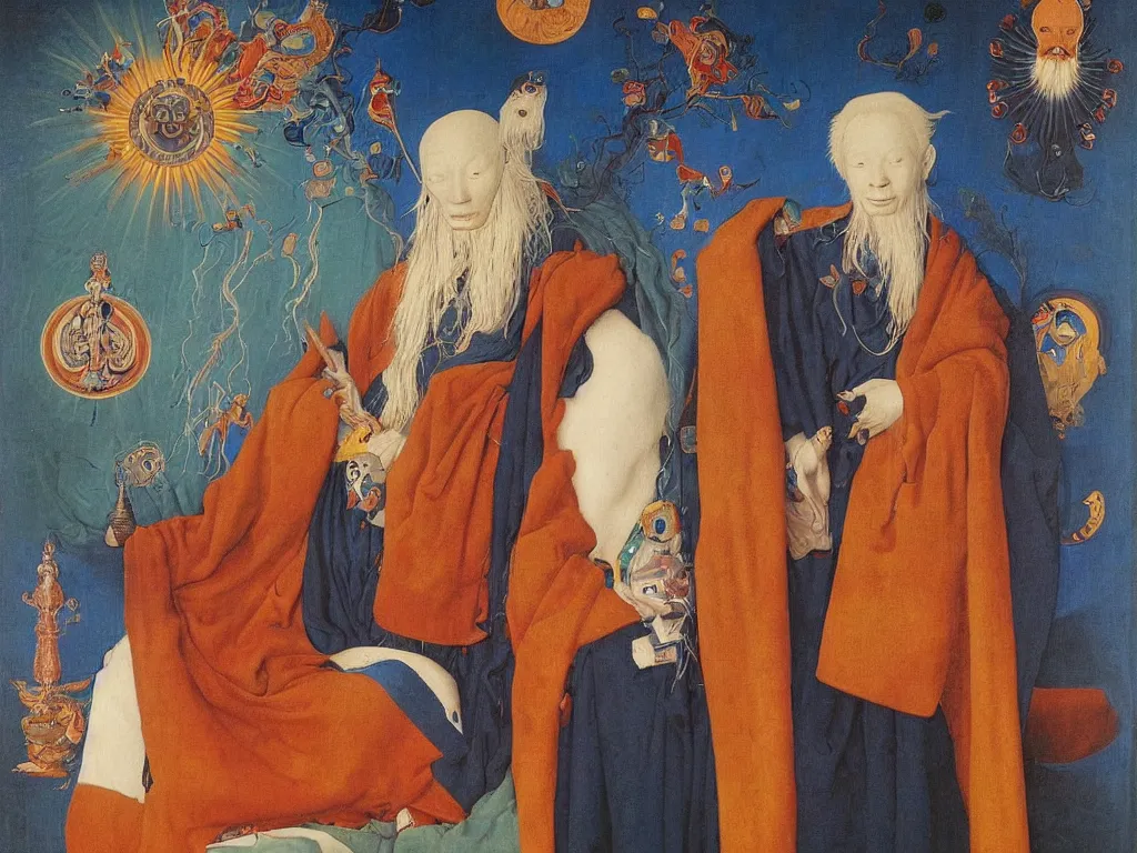 Image similar to Portrait of albino mystic with blue eyes, with Tibetan thangka. Painting by Jan van Eyck, Audubon, Rene Magritte, Agnes Pelton, Max Ernst, Walton Ford