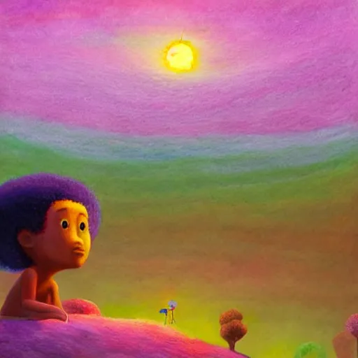 Prompt: a black girl with a colorful afro and rainbow eyes discovering a lush desert oasis with a glowing reflective pond and fireflies at sunset, bright colours, watercolor, volumetric wool felting, macro photography, children illustration, by goro fujita