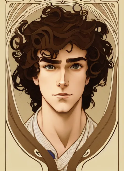 Image similar to art nouveau portrait of a young man with curly light brown hair, brown eyes, serious facial expression, casual clothes, natural lighting, path traced, highly detailed, high quality, cartoon, digital painting, by don bluth and ross tran and studio ghibli and alphonse mucha