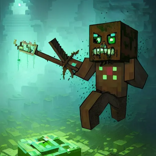 Image similar to painting by greg rutkowski of a minecraft drowned zombie with glowing cyan eyes, wearing ragged clothing and and algae growing on it, holding a trident, underwater