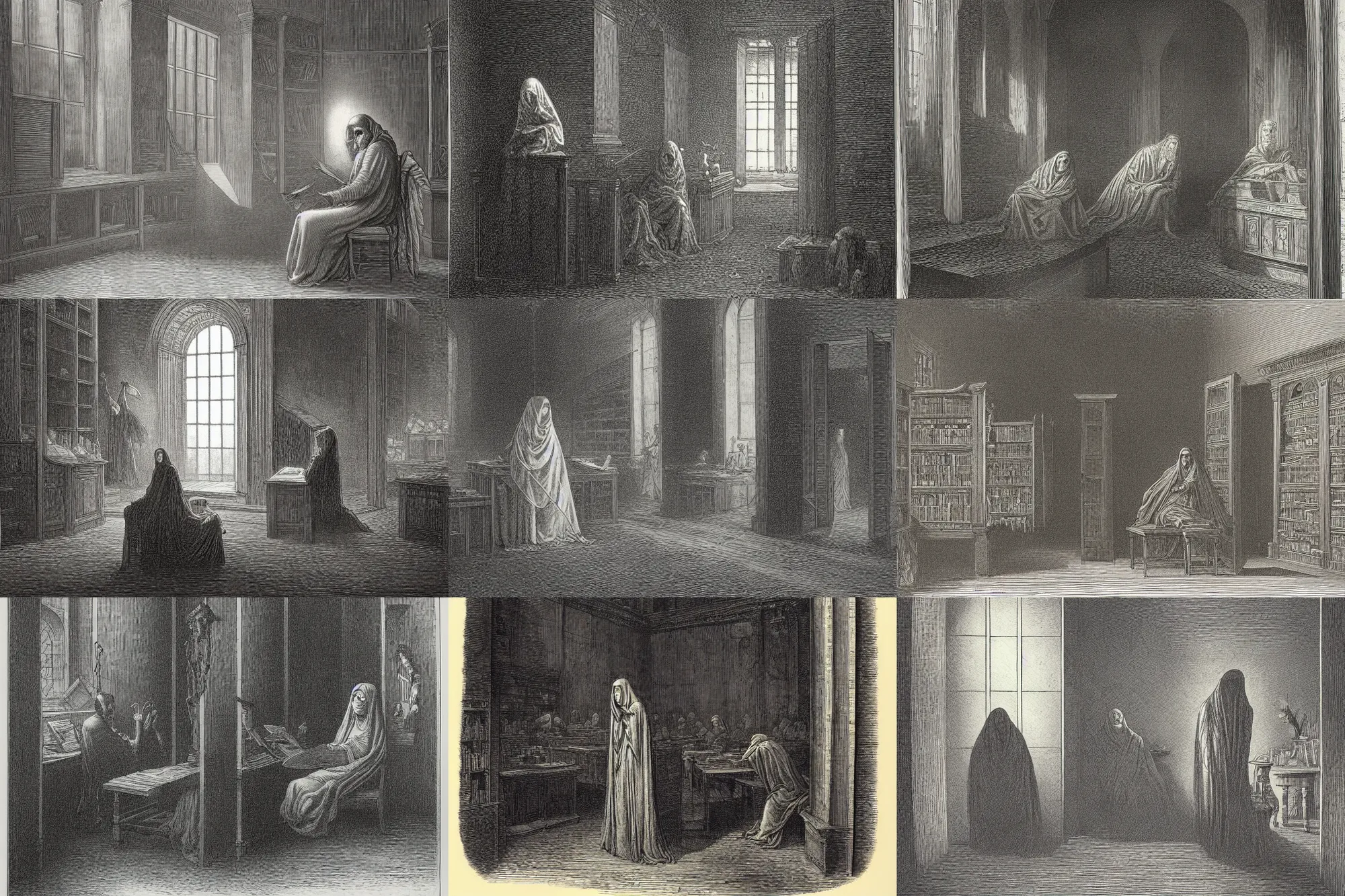 Prompt: Ghost in library, detailed engraving by Gustave Dore
