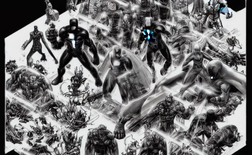 Image similar to black and white avengers fights with marvel monsters, isometric, by tsutomu nihei