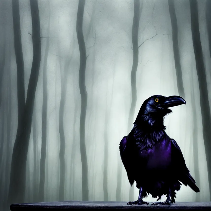 Image similar to a Raven standing on human skull on a table in a foggy forest, by Casey Baugh, Steve Caldwell, Gottfried Helnwein, and Artgerm, 8k resolution, masterpiece work.