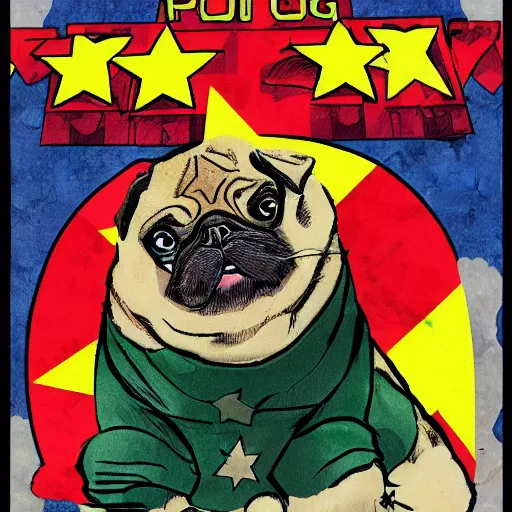 Prompt: pug man comic book hero, communist, comic