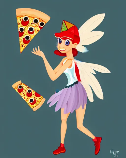 Image similar to female harpy as a pizza delivery woman, bird human hybrid with feathery bird arms and talon bird feet, holding a cardboard pizza box, wearing a pizza delivery uniform. feathers for hair, cute, dynamic character design, stunning, highly detailed digital illustration, crisp linework, top rated on artstation, stylized urban fantasy artwork