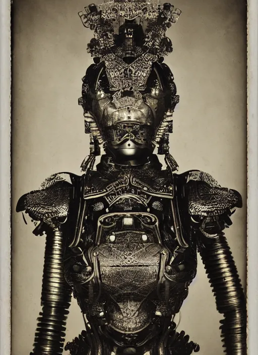 Image similar to old wetplate daguerreotype frame portrait of a futuristic silver armored geisha emperor district 9 cyborg, fractal, intricate, elegant, highly detailed, subsurface scattering, by jheronimus bosch and greg rutkowski and louis jacques mande daguerre