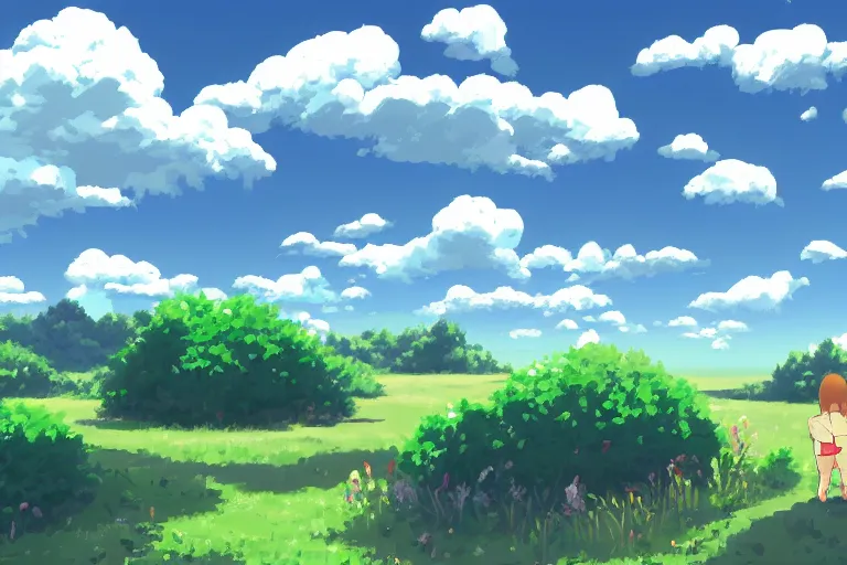 Image similar to landscape, summer, morning, beautiful cloud, quiet, no people, Anime Background, illustration, sharp focus, intricate, super wide angle, trending on artstation, trending on deviantart, pixelart, pixelperfect, pixel art, pixel, color limit, nearest neighbor, hard edges, art of Kirokaze pixel, art of Regular FHC, art of Pixel Jeff Franek, art of Aaron Hain, art of kryssalian