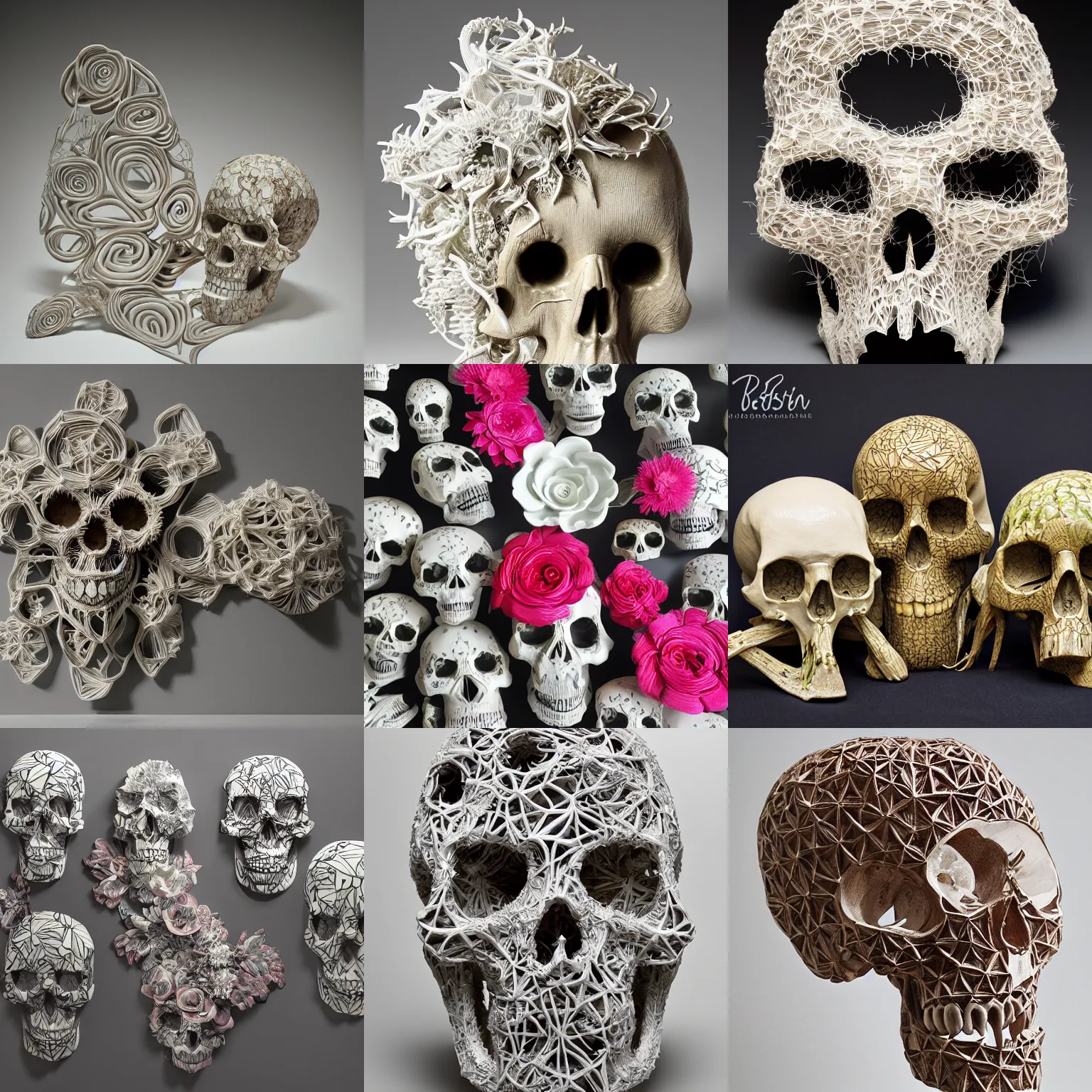 Prompt: abstract shaped flowers, abstract shaped skulls, made out of thick webs, Juz Kitson, Brian Rochefort, Jessica Stoller, highly detailed carving on southern ice porcelain, deformed, Contemporary Ceramics, color, glossy, art gallery, masterpiece