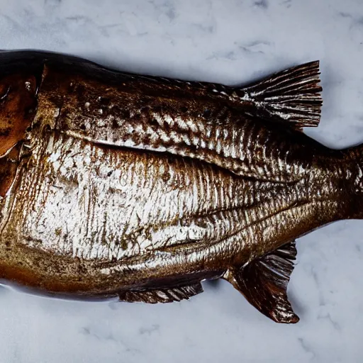 Prompt: baked giant fish head, realistic, sharp focus, 8 k high definition, insanely detailed, intricate, elegant, food photography