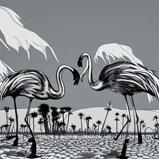 Prompt: A surreal comic noir illustration containing Natalie Portman and Flamingos on a desert beach oasis by Salvador Dali, dark vibes, high contrast, pastel lighting, cinematic, depth of field, 8k