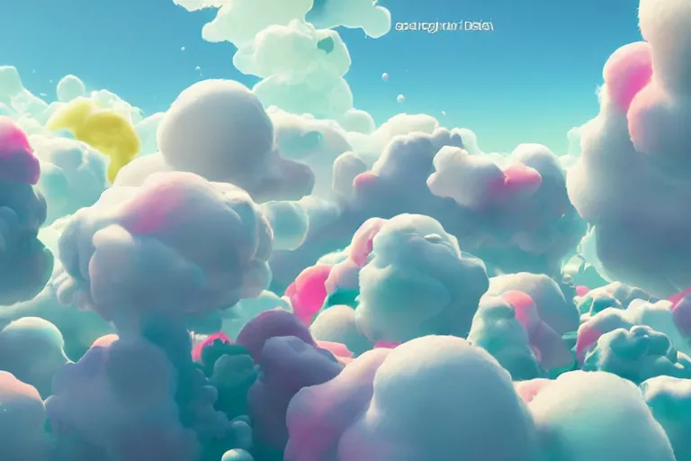 Image similar to super detailed color art, lots of clouds made of white foamy bubbles, unreal engine, wes anderson color palette, 3d render, colorful, digital art