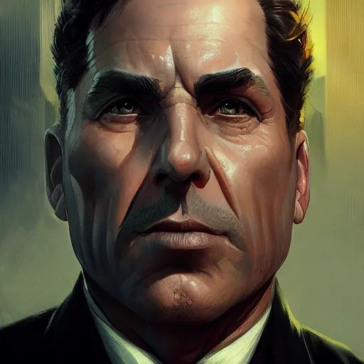 Image similar to mob boss, headshot, painted character portrait, highly detailed, digital painting, artstation, concept art, sharp focus, illustration, art by artgerm and greg rutkowski and alphonse mucha