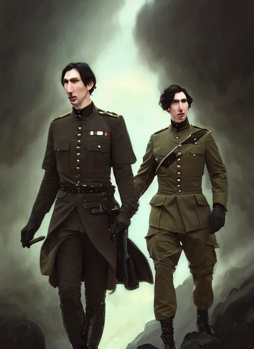 Image similar to painting of both john oliver and adam driver together, john oliver in front, full body, military uniform, fantasy, elegant, beautiful, highly detailed, centered, dark, smokey, digital painting, concept art, smooth, sharp focus, illustration, deviant art, art by artgerm, art by greg rutkowski, art by alphonse mucha