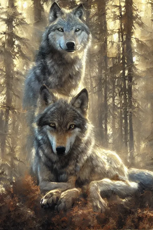 Image similar to spiritual twin flame wolf art, forest hue, highly detailed, oil painting, by craig mullins