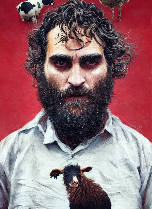 Image similar to a hyper detailed painting of joaquin phoenix surrounded by animals, cow, pig, sheep, chicken, horror, by anna podedworna, by miklos ligeti, by diego maricato, by taran fiddler, by antonino truisi, by chris reddie, by jinsung lim, trending on artstation