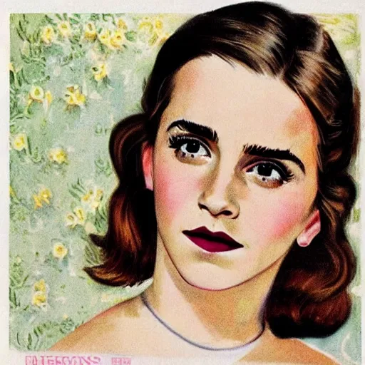 Prompt: “Emma Watson portrait, color vintage magazine illustration 1950”