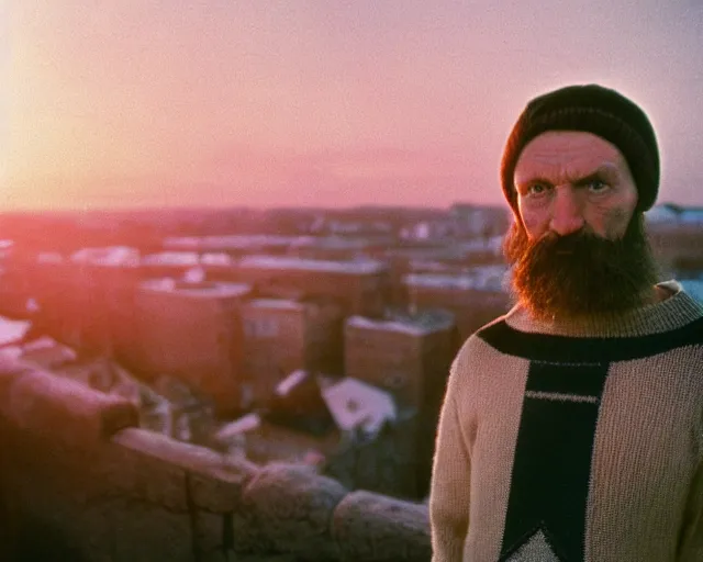 Image similar to lomographic tarkovsky film still of 4 0 years russian man with beard and sweater standing on small hrushevka 9 th floor balcony in taiga looking at sunset, perfect faces, cinestill, bokeh