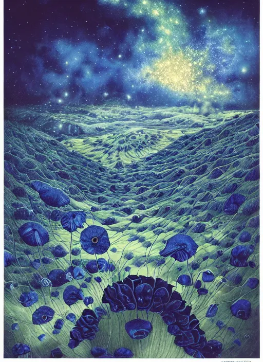 Image similar to detailed, intricate blue black and purple papaverum flower on the field, nebula, galaxy in the sky, winning award masterpiece, fantastically beautiful, illustration, aestheticly inspired, jacek yerka, upscale with anguissola sofonisba work, artstation, 8 k