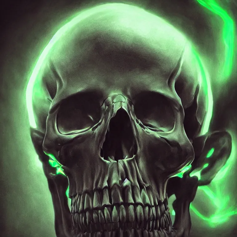 Prompt: photorealistic dark fantasy concept art of a glowing human skull with a green neon outline and a Pentagram on it's forehead, dynamic lighting, stunning visuals, realism, cinematic, hyper detailed, ultra detailed, beautiful visuals