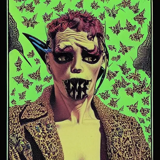 Image similar to a eccentric cybergoth guy, face covered in moths, small details, aesthetic!!!, color, by virgil finlay, by jamie hewlett,