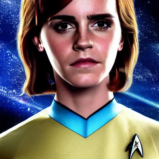 Image similar to a full body portrait of emma watson as a star fleet officer from star trek next generation, ultra rendered extreme realism and detail, 8 k, highly detailed, realistic, completely framed, hyper realistic, colorful, direct lighting, 3 5 mm photo, photorealistic, sharp focus