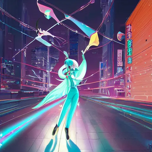 Image similar to high quality art of a hatsune miku is flying with her back to the camera above the night tokyo at bird's - eye height, glowing particles and ribbons follow her arms, glowing advertising banners on buildings depicting hatsune miku are visible in the distance, art by makoto shinkai, crunchyroll, pixiv, danbooru, hd