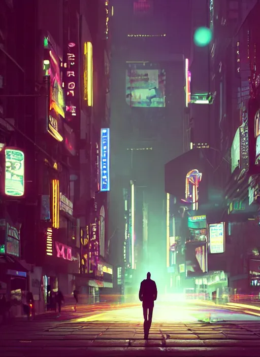 Image similar to a 3D render of an android with glowing lights walking down the street in New York City, bokeh, Canon 50mm, cinematic lighting, volumetric light, octane, octane render, redshift render, cyberpunk, Blade Runner, Blade Runner 2049