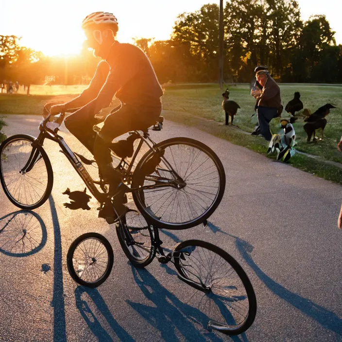 Prompt: joe biden!! falling off bike while stopping on a bike path, it is sunset and there are hundreds of ducks in the backgroud, canon eos c 3 0 0, ƒ 1. 8, 3 5 mm, 8 k, medium - format print