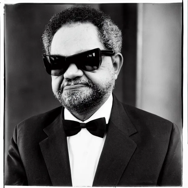 Prompt: a black and white studio portrait of Luiz Inácio Lula da Silva Lula wearing sunglasses. Tri-X art photography.