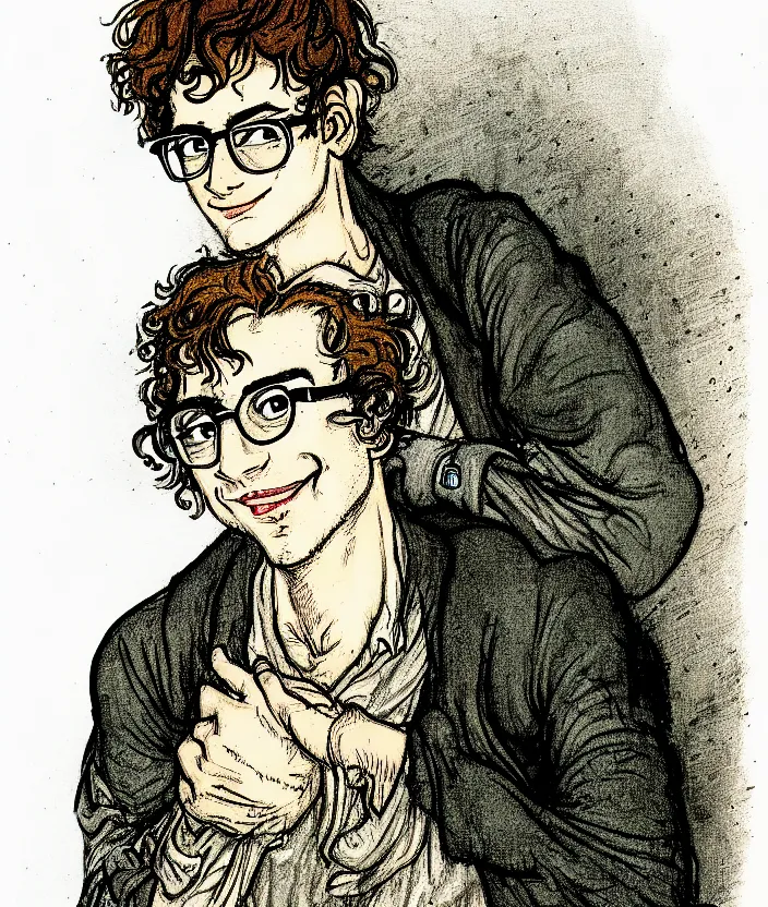 Prompt: illustration of jewish young man with glasses, dark short curly hair smiling, in the style of arthur rackham colorful