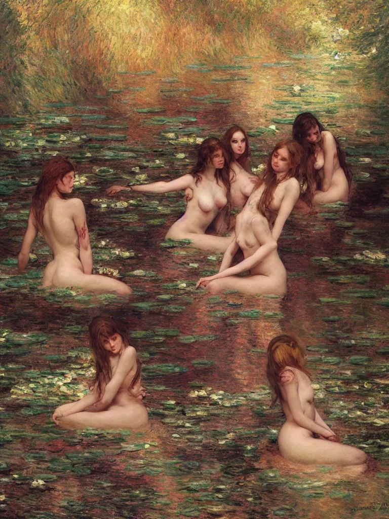 Prompt: illustration studio portrait of three dark beautiful woman bodies mermaids female energy in artistic poses in the river at the forest, monet painterly motives and textures pattern, hyper detailed, octane render, vivid colors, artstation, by jeremy mann, by alphonse mucha, by monet