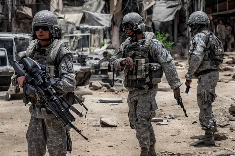 Prompt: Mercenary Special Forces soldiers in grey uniforms with black armored vest and black helmets in urban warfare in Cambodia 2022, Canon EOS R3, f/1.4, ISO 200, 1/160s, 8K, RAW, unedited, symmetrical balance, in-frame, combat photography