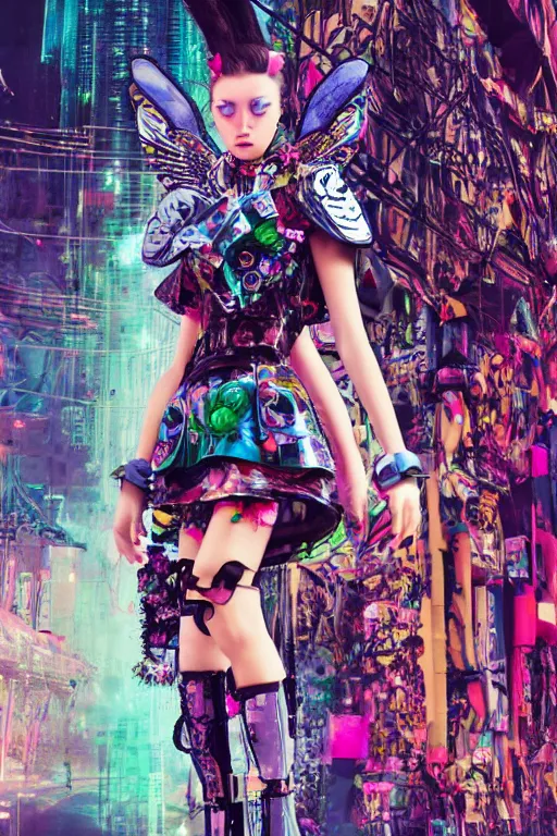 Image similar to antediluvian steppe magical girl wearing cybernetic floral valentino resort ss 2 0 1 4, cyberpunk steppe market background, bright fashion photography, hyperrealistic