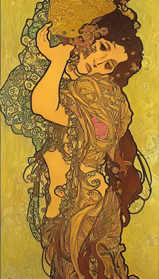 Image similar to a combination of the art styles of Alphonse Mucha and Gustav Klimt, gold leaf with pastel colors