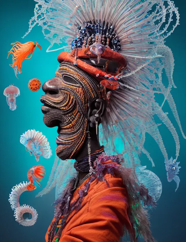 Image similar to 3 d witch doctor portrait. beautiful intricately detailed african mask and clasical japanese kimono. betta fish, jellyfish phoenix, bio luminescent, plasma, ice, water, wind, creature, artwork by tooth wu and wlop and beeple and greg rutkowski