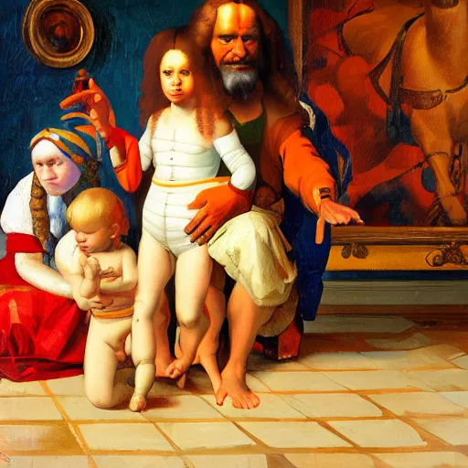 Prompt: a modern family portrait, dmitry spiros, leonardo da vinci, jacques - louis david, johannes vermeer, 8 k, wide angle, trending on artstation,